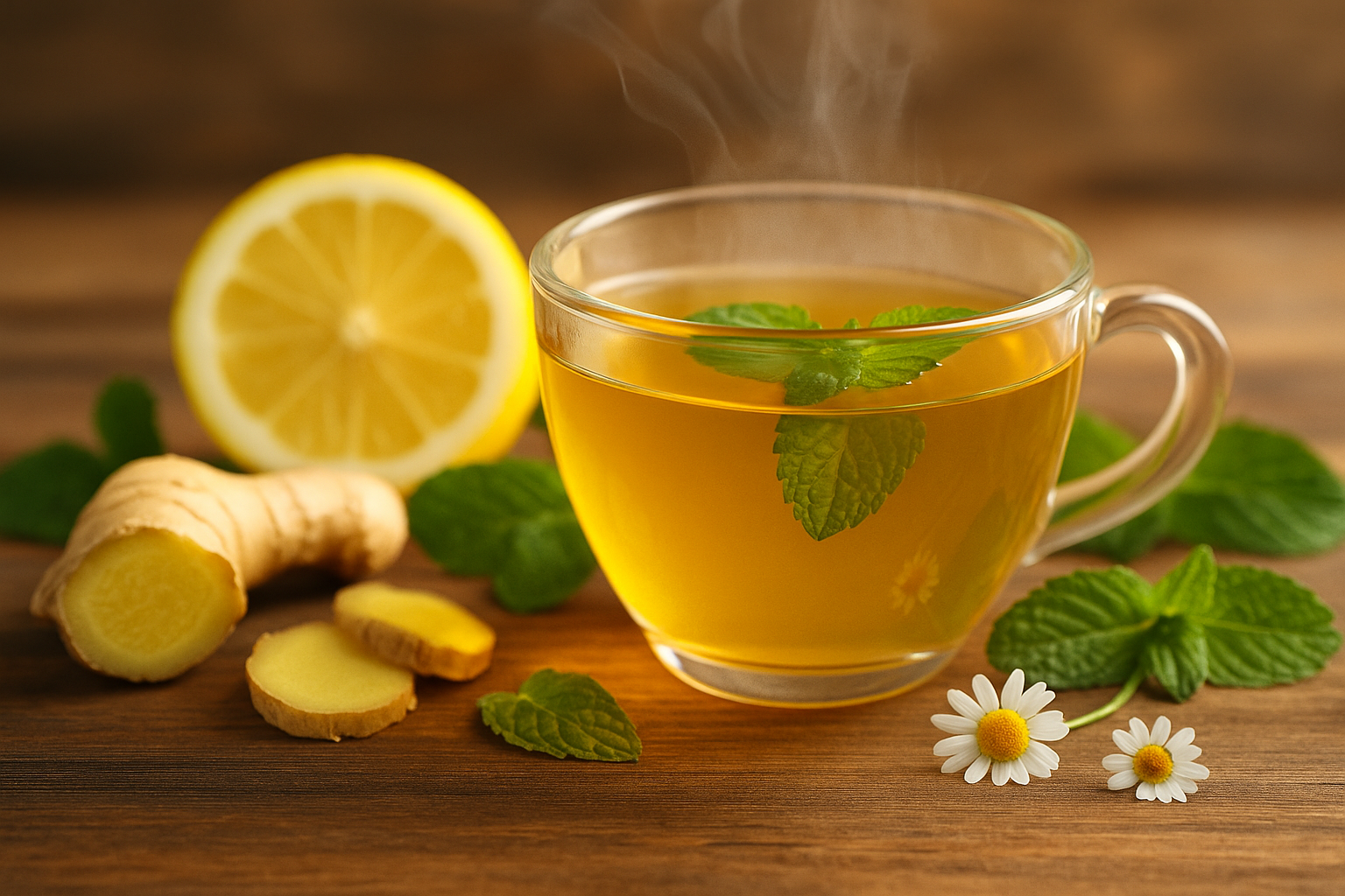 Xícara de chá com camomila e hortelã — chá natural para aliviar azia e má digestão