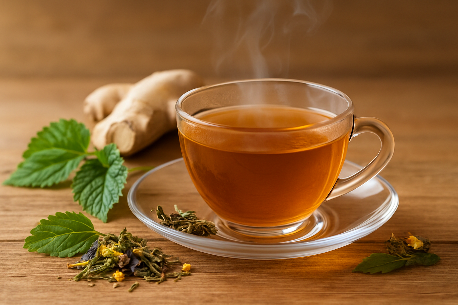 Xícara de chá de camomila com hortelã — chá natural para reduzir inchaço abdominal
