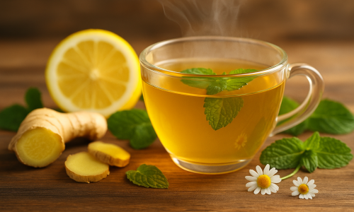 Xícara de chá com camomila e hortelã — chá natural para aliviar azia e má digestão