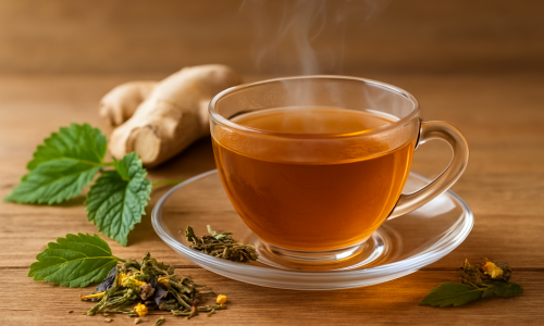 Xícara de chá de camomila com hortelã — chá natural para reduzir inchaço abdominal
